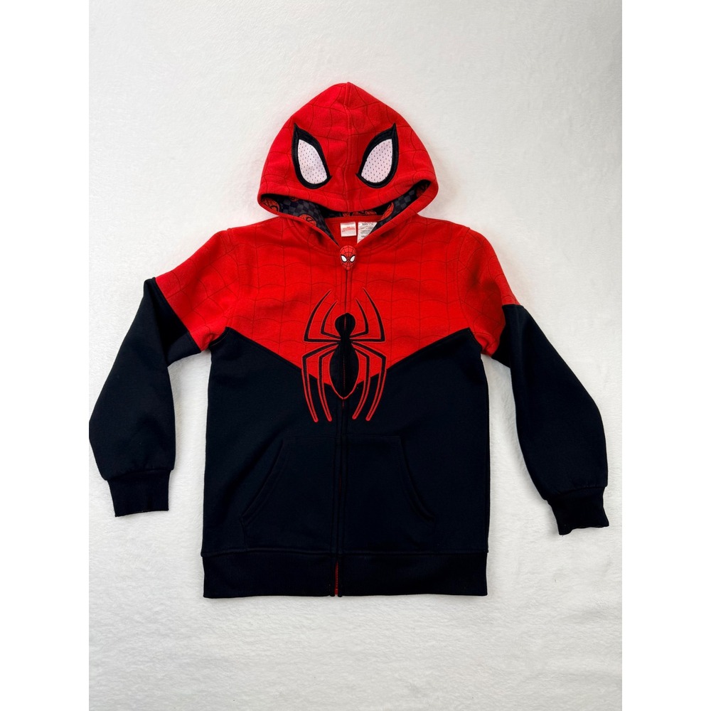 Marvel Spider-Man Boys L 10 Red Black Full Zip Hoodie Web Print Embroidered Logo